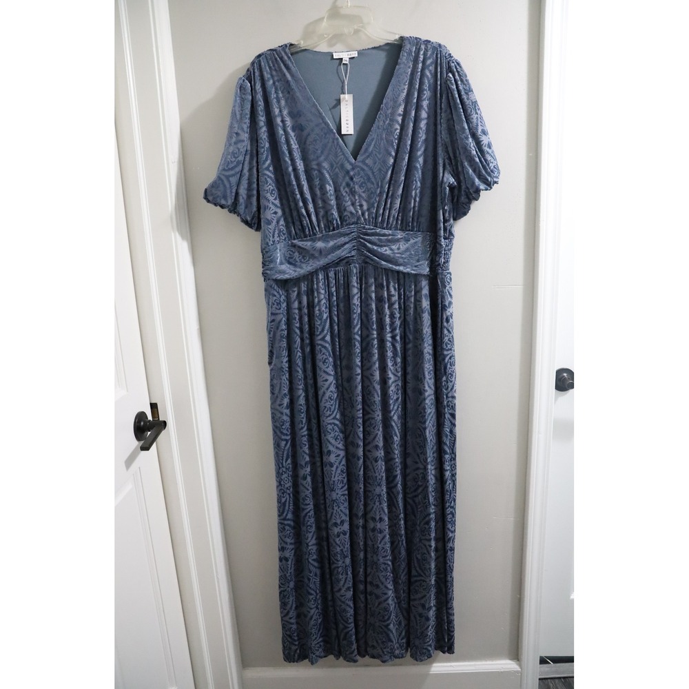 Baltic Born Leslie Velvet Dusty Blue Velvet V-Neck Maxi Dress Pockets 2XL NEW